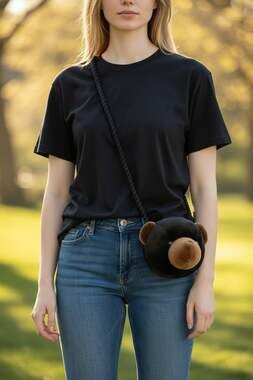 Plush Grizzly Bear Head Crossbody Bag with Rope Strap